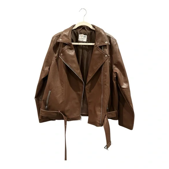 Old Navy Espresso Faux Leather Belted Biker Jacket XL - Picture 5 of 13